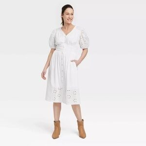 NWT Knox Rose White Puff Sleeve V Neck Sundress Extra Small